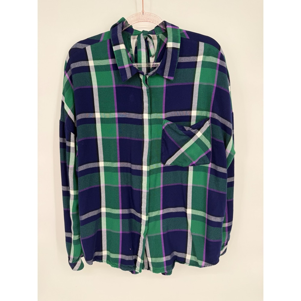 Green Plaid Button Up Shirt Long Sleeve Womens Tie Back Casual Top